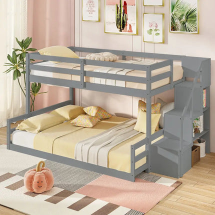Solid Wood Twin Over Full Low Bunk Bed with Storage Stairs-Grey - Gray - Bunk Bed Frame