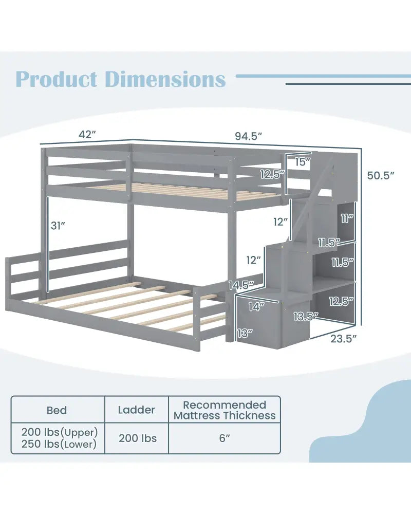 Solid Wood Twin Over Full Low Bunk Bed with Storage Stairs-Grey - Gray - Bunk Bed Frame
