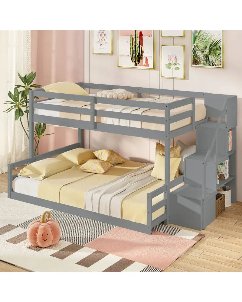 Solid Wood Twin Over Full Low Bunk Bed with Storage Stairs-Grey - Gray - Bunk Bed Frame