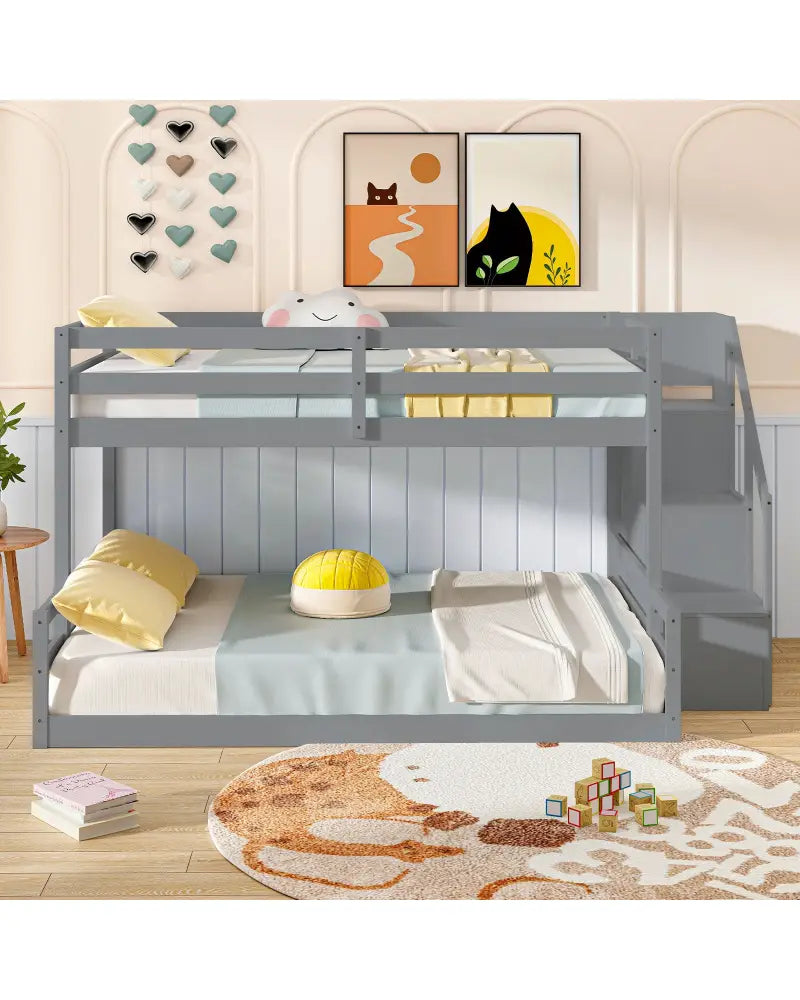 Solid Wood Twin Over Full Low Bunk Bed with Storage Stairs-Grey - Gray - Bunk Bed Frame