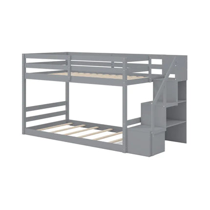 Solid Wood Twin Over Full Low Bunk Bed with Storage Stairs-Grey - Gray - Bunk Bed Frame
