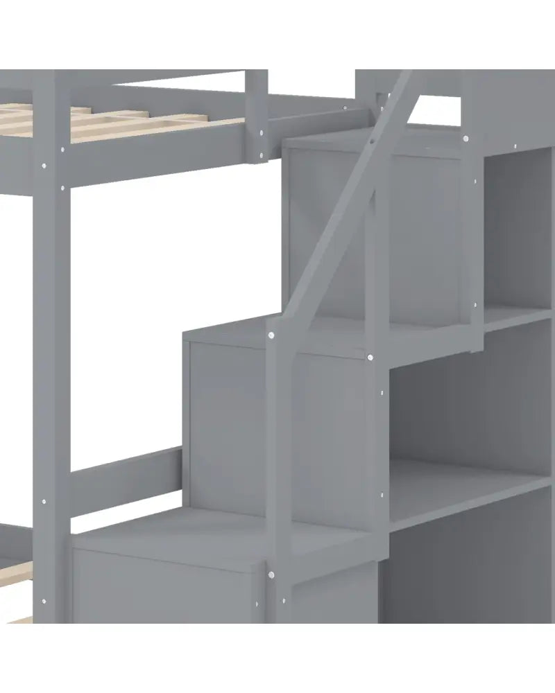 Solid Wood Twin Over Full Low Bunk Bed with Storage Stairs-Grey - Gray - Bunk Bed Frame