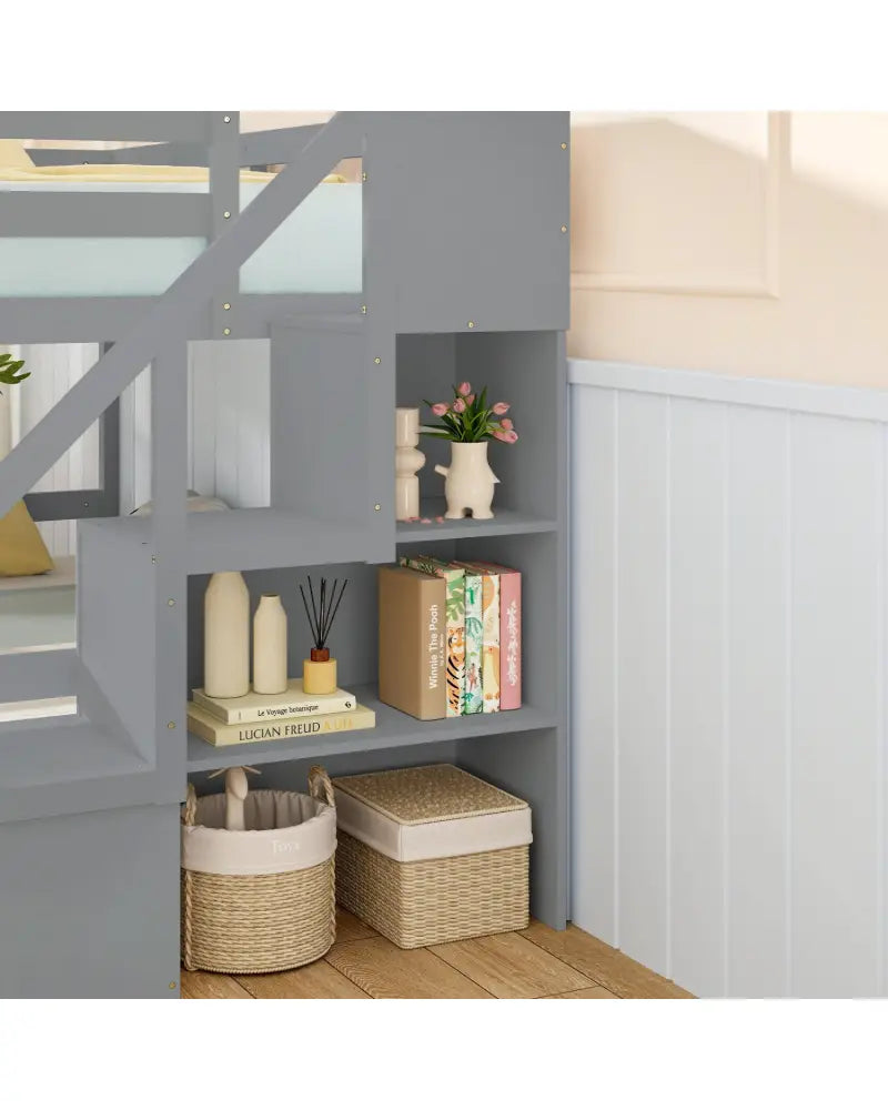 Solid Wood Twin Over Full Low Bunk Bed with Storage Stairs-Grey - Gray - Bunk Bed Frame