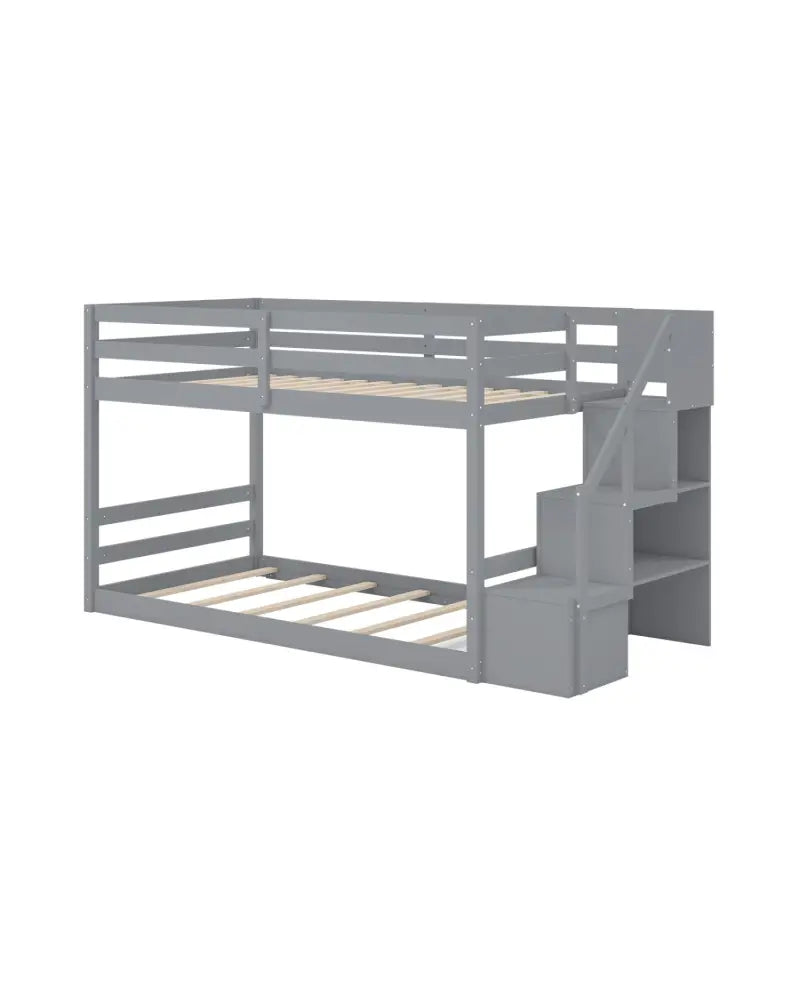 Solid Wood Twin Over Full Low Bunk Bed with Storage Stairs-Grey - Gray - Bunk Bed Frame
