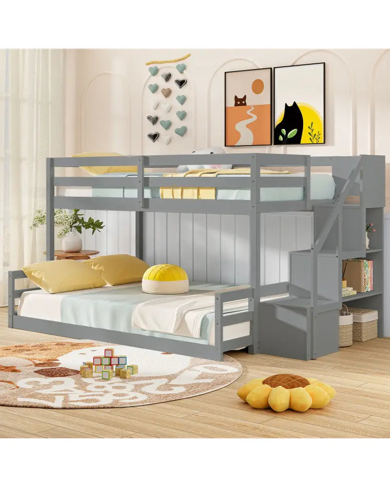 Solid Wood Twin Over Full Low Bunk Bed with Storage Stairs-Grey - Gray - Bunk Bed Frame