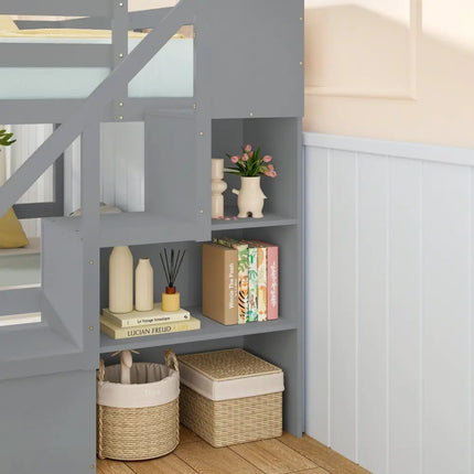 Solid Wood Twin Over Full Low Bunk Bed with Storage Stairs-Grey - Gray - Bunk Bed Frame