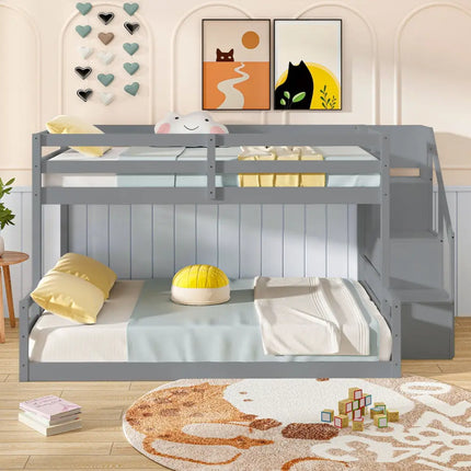 Solid Wood Twin Over Full Low Bunk Bed with Storage Stairs-Grey - Gray - Bunk Bed Frame