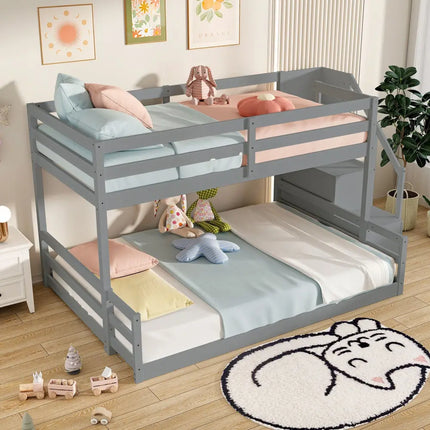 Solid Wood Twin Over Full Low Bunk Bed with Storage Stairs-Grey - Gray - Bunk Bed Frame