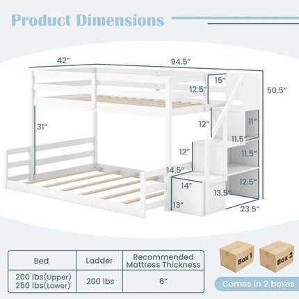 Solid Wood Twin Over Full Low Bunk Bed with Storage Stairs-White - White - Bunk Bed Frame