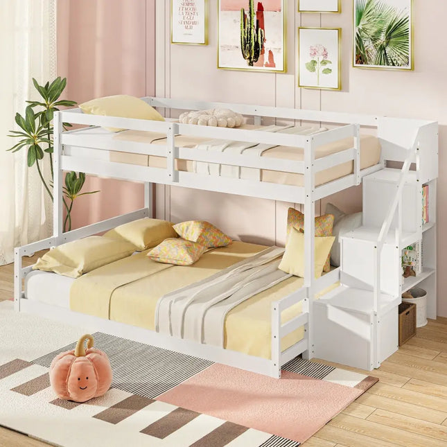Solid Wood Twin Over Full Low Bunk Bed with Storage Stairs-White - White - Bunk Bed Frame