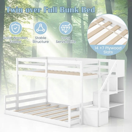 Solid Wood Twin Over Full Low Bunk Bed with Storage Stairs-White - White - Bunk Bed Frame