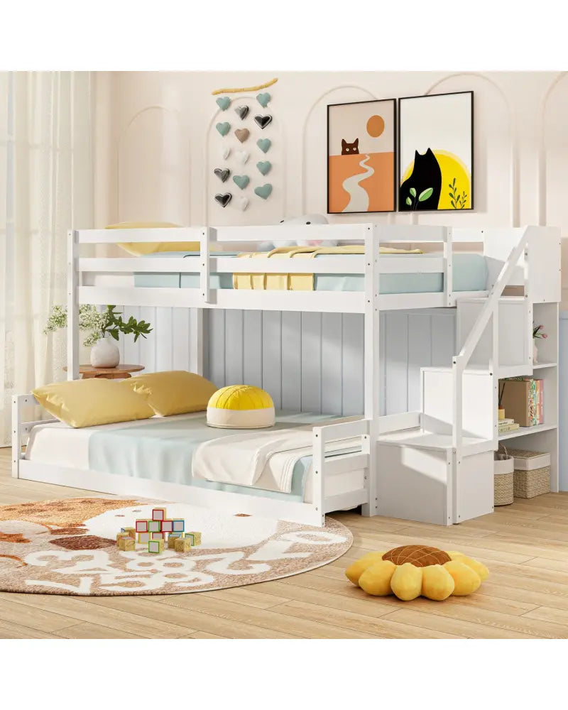 Solid Wood Twin Over Full Low Bunk Bed with Storage Stairs-White - White - Bunk Bed Frame