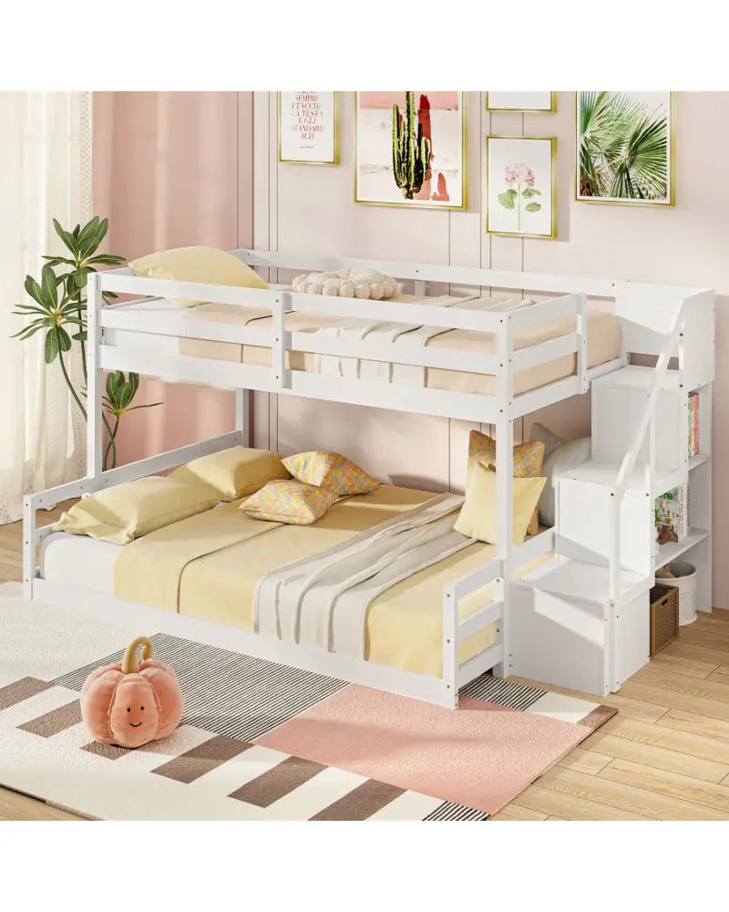 Solid Wood Twin Over Full Low Bunk Bed with Storage Stairs-White - White - Bunk Bed Frame
