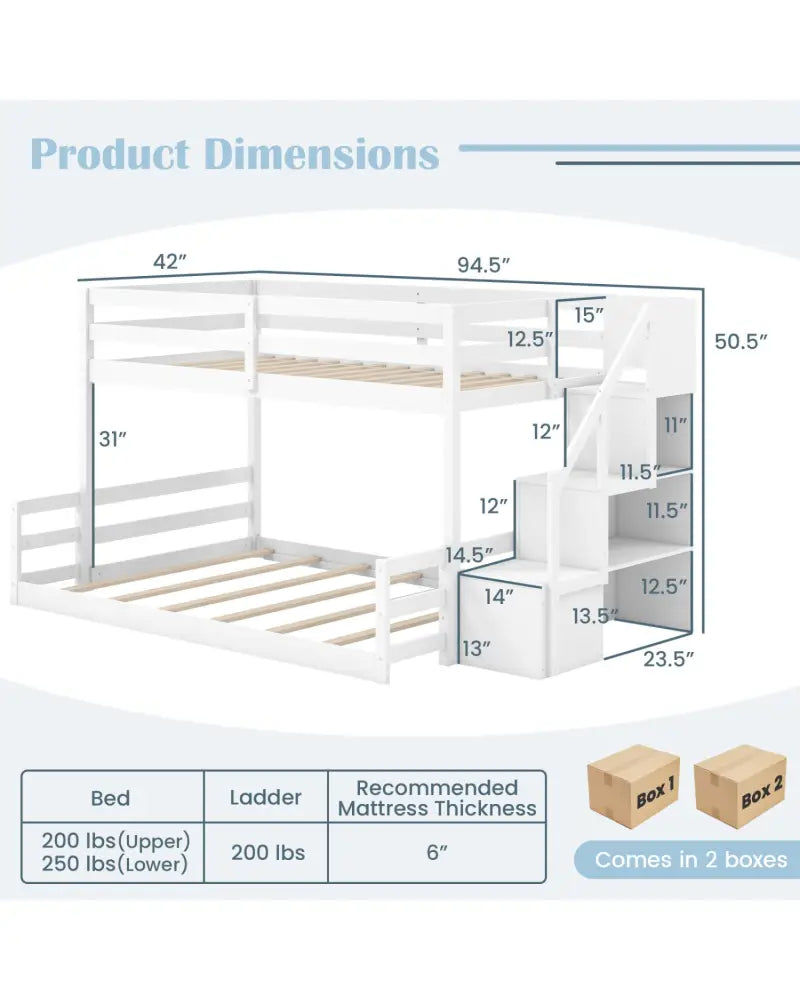 Solid Wood Twin Over Full Low Bunk Bed with Storage Stairs-White - White - Bunk Bed Frame