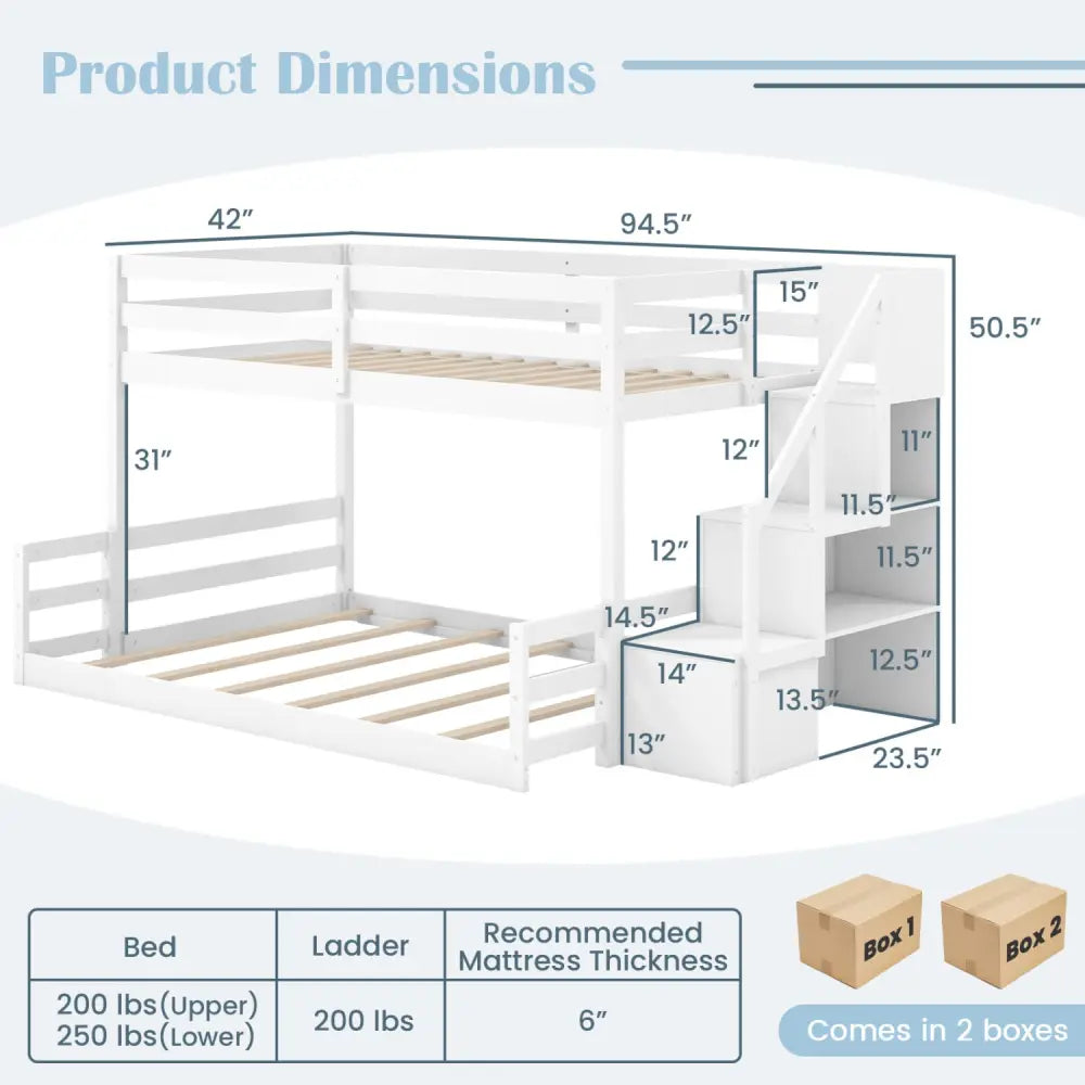 Solid Wood Twin Over Full Low Bunk Bed with Storage Stairs-White - White - Bunk Bed Frame