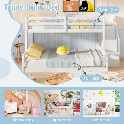 Solid Wood Twin Over Full Low Bunk Bed with Storage Stairs-White - White - Bunk Bed Frame