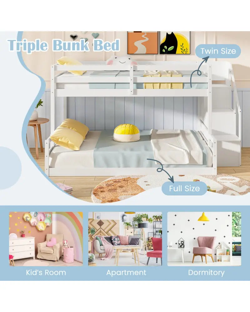 Solid Wood Twin Over Full Low Bunk Bed with Storage Stairs-White - White - Bunk Bed Frame