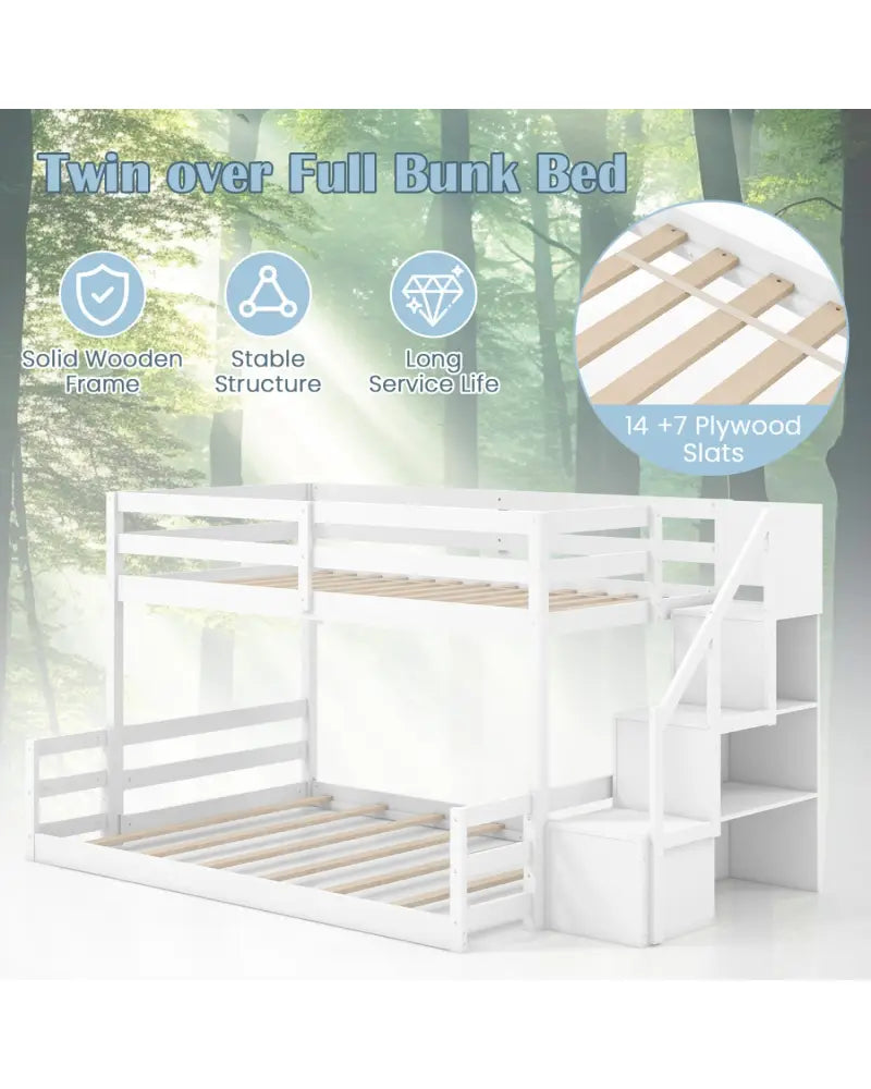 Solid Wood Twin Over Full Low Bunk Bed with Storage Stairs-White - White - Bunk Bed Frame