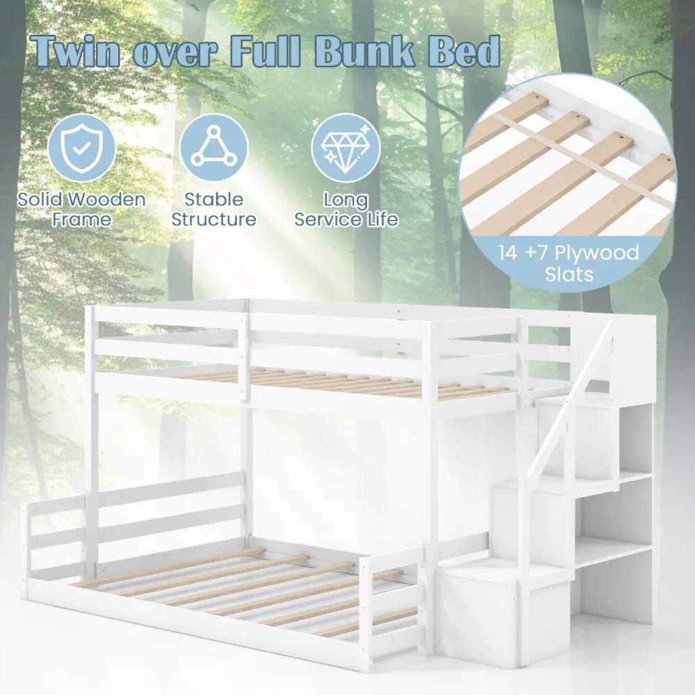 Solid Wood Twin Over Full Low Bunk Bed with Storage Stairs-White - White - Bunk Bed Frame