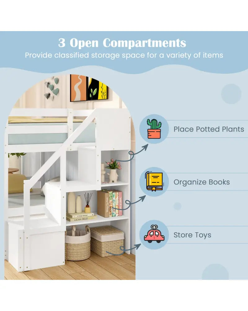 Solid Wood Twin Over Full Low Bunk Bed with Storage Stairs-White - White - Bunk Bed Frame