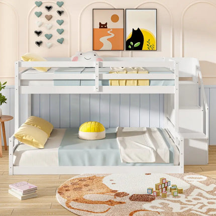 Solid Wood Twin Over Full Low Bunk Bed with Storage Stairs-White - White - Bunk Bed Frame