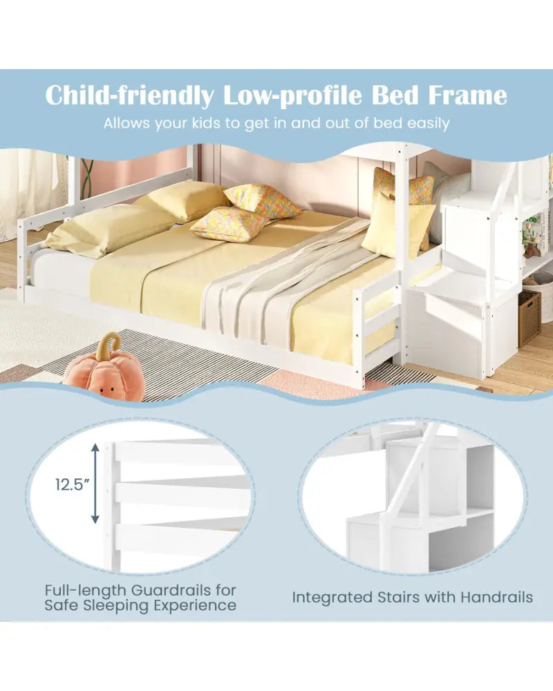 Solid Wood Twin Over Full Low Bunk Bed with Storage Stairs-White - White - Bunk Bed Frame