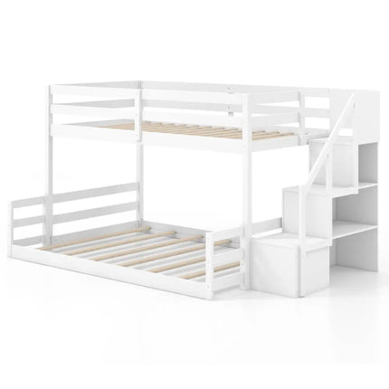 Solid Wood Twin Over Full Low Bunk Bed with Storage Stairs-White - White - Bunk Bed Frame