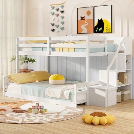 Solid Wood Twin Over Full Low Bunk Bed with Storage Stairs-White - White - Bunk Bed Frame