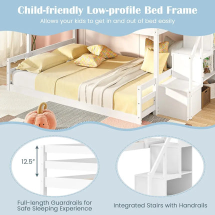 Solid Wood Twin Over Full Low Bunk Bed with Storage Stairs-White - White - Bunk Bed Frame
