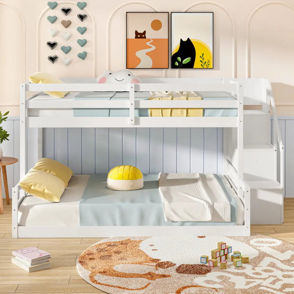 Solid Wood Twin Over Full Low Bunk Bed with Storage Stairs-White - White - Bunk Bed Frame
