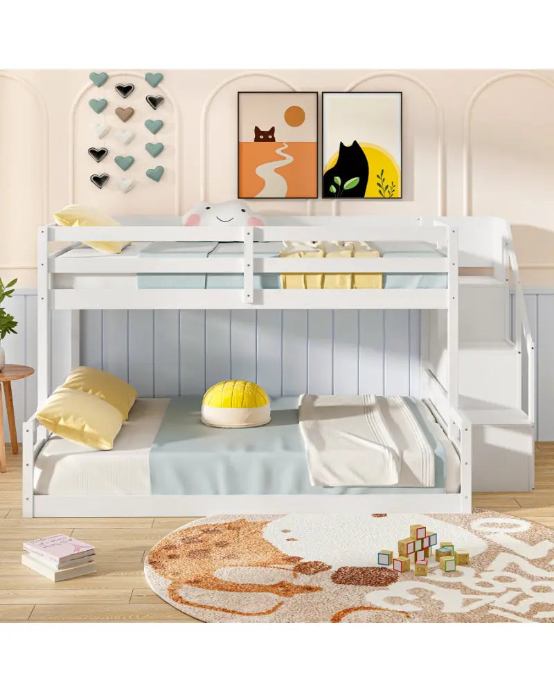 Solid Wood Twin Over Full Low Bunk Bed with Storage Stairs-White - White - Bunk Bed Frame