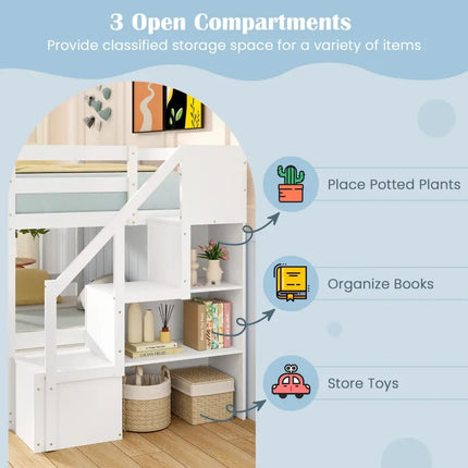 Solid Wood Twin Over Full Low Bunk Bed with Storage Stairs-White - White - Bunk Bed Frame