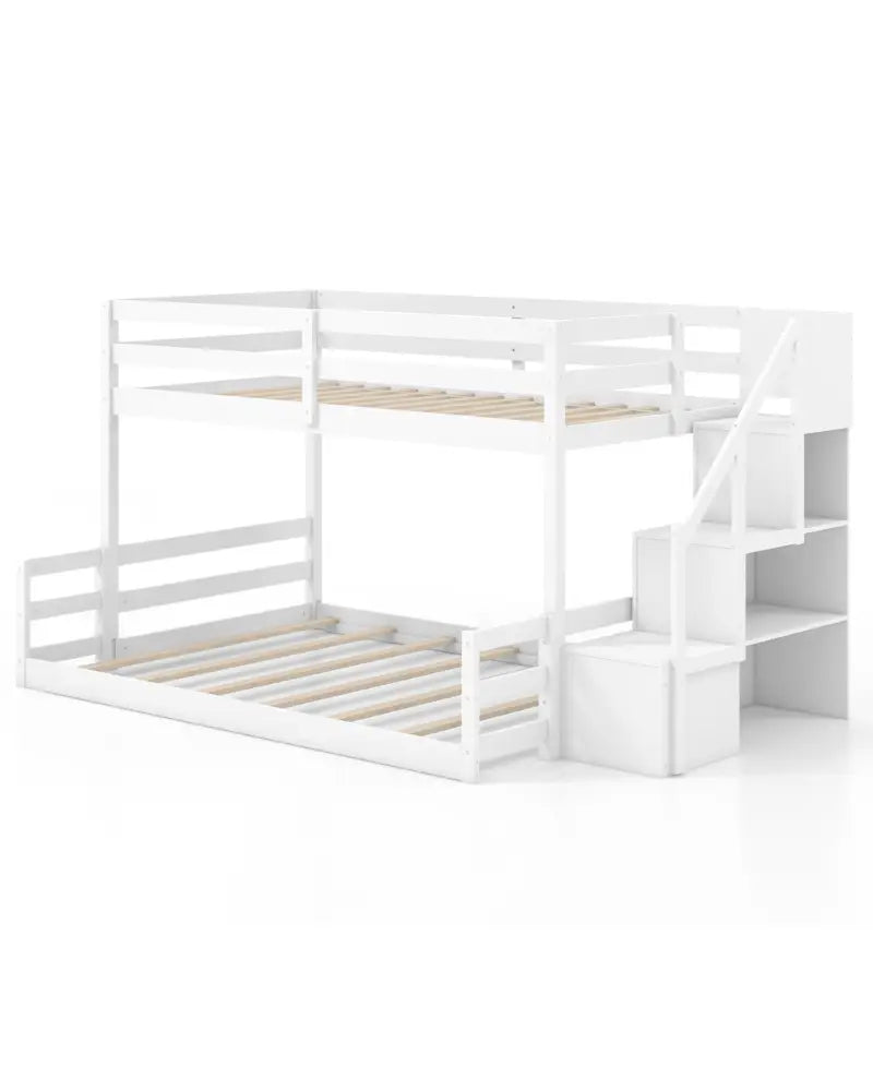 Solid Wood Twin Over Full Low Bunk Bed with Storage Stairs-White - White - Bunk Bed Frame