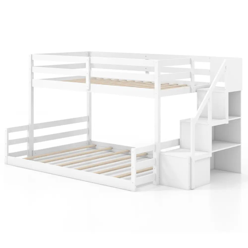 Solid Wood Twin Over Full Low Bunk Bed with Storage Stairs-White - White - Bunk Bed Frame
