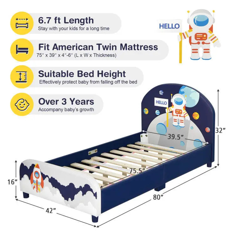 Space Astronaut Theme Kids Upholstered Platform Bed with Toy Storage Organizer - Toddler & Kids Furniture