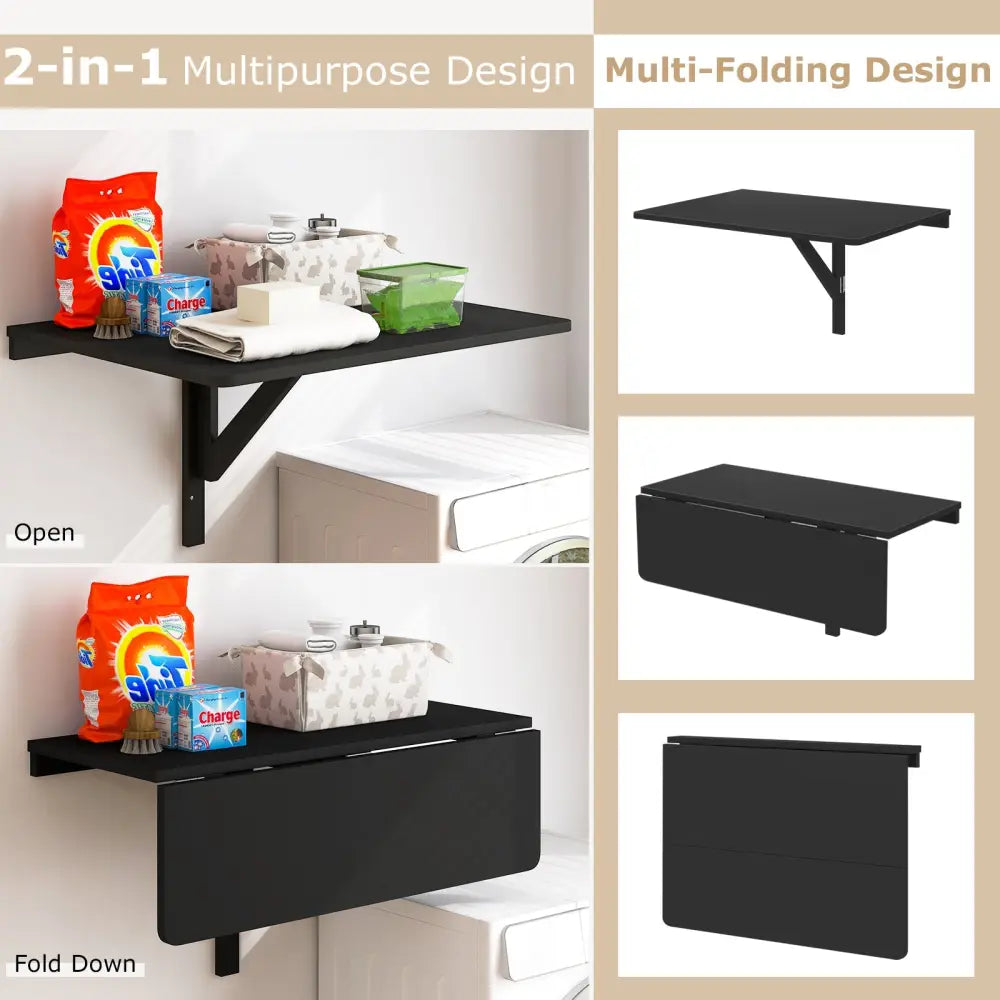 Space Saver Folding Wall-Mounted Drop-Leaf Table-Black - Black - Laptop Tables & Printer Stands