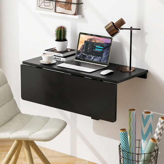 Space Saver Folding Wall-Mounted Drop-Leaf Table-Black - Black - Laptop Tables & Printer Stands
