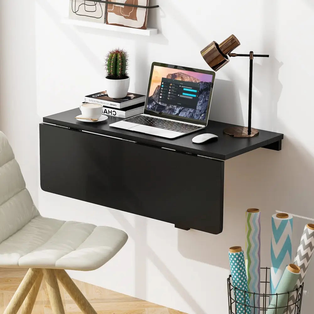 Space Saver Folding Wall-Mounted Drop-Leaf Table-Black - Black - Laptop Tables & Printer Stands