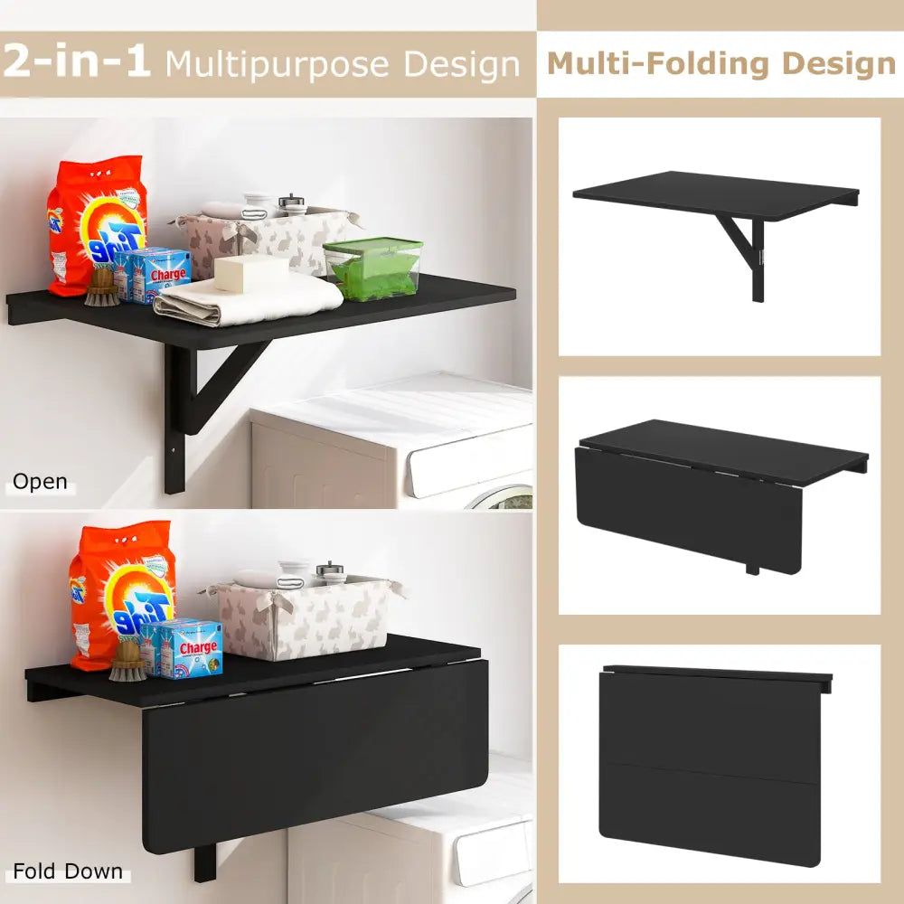 Space Saver Folding Wall-Mounted Drop-Leaf Table-Black - Black - Laptop Tables & Printer Stands