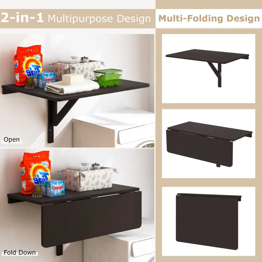 Space Saver Folding Wall-Mounted Drop-Leaf Table-Brown - Brown - Laptop Tables & Printer Stands
