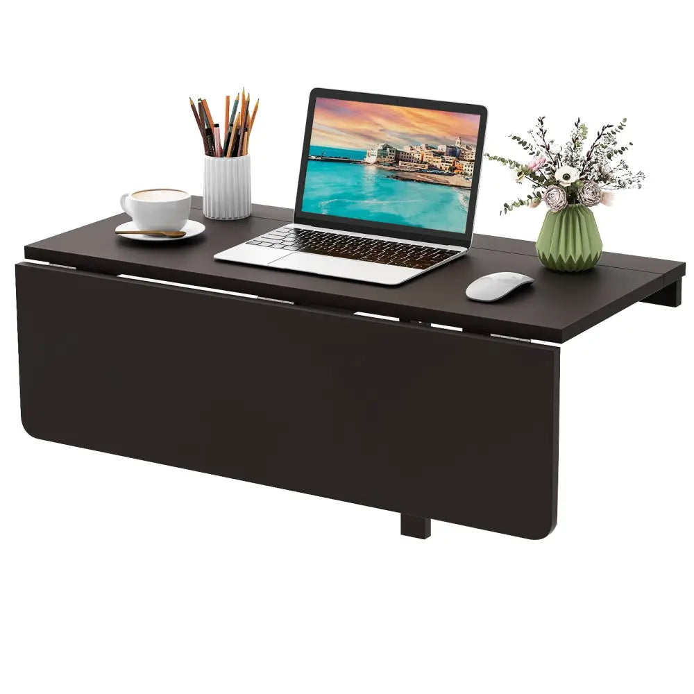 Space Saver Folding Wall-Mounted Drop-Leaf Table-Brown - Brown - Laptop Tables & Printer Stands