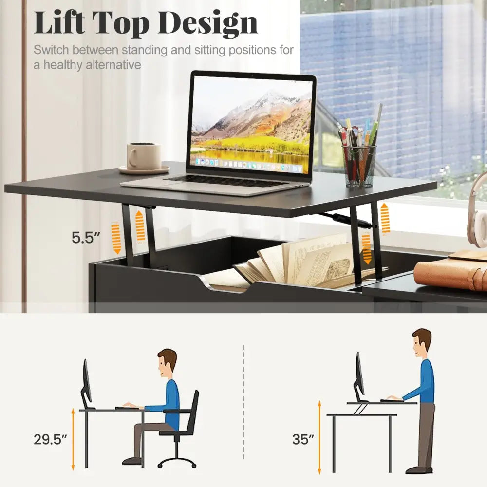 Space Saving Computer Desk with Hidden Compartment and Open Storage Shelves-Black - Black - Computer Desks
