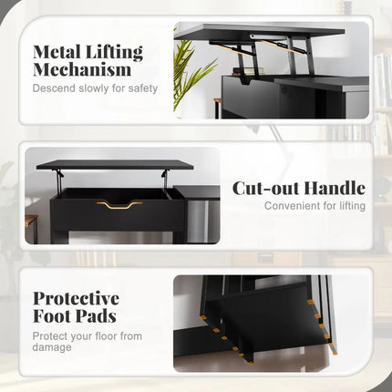Space Saving Computer Desk with Hidden Compartment and Open Storage Shelves-Black - Black - Computer Desks