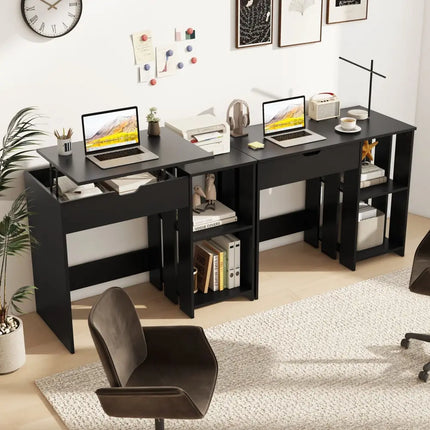 Space Saving Computer Desk with Hidden Compartment and Open Storage Shelves-Black - Black - Computer Desks