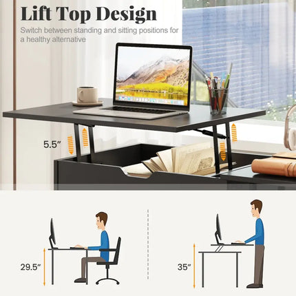Space Saving Computer Desk with Hidden Compartment and Open Storage Shelves-Black - Black - Computer Desks
