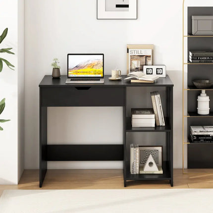 Space Saving Computer Desk with Hidden Compartment and Open Storage Shelves-Black - Black - Computer Desks