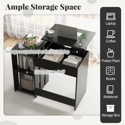 Space Saving Computer Desk with Hidden Compartment and Open Storage Shelves-Black - Black - Computer Desks