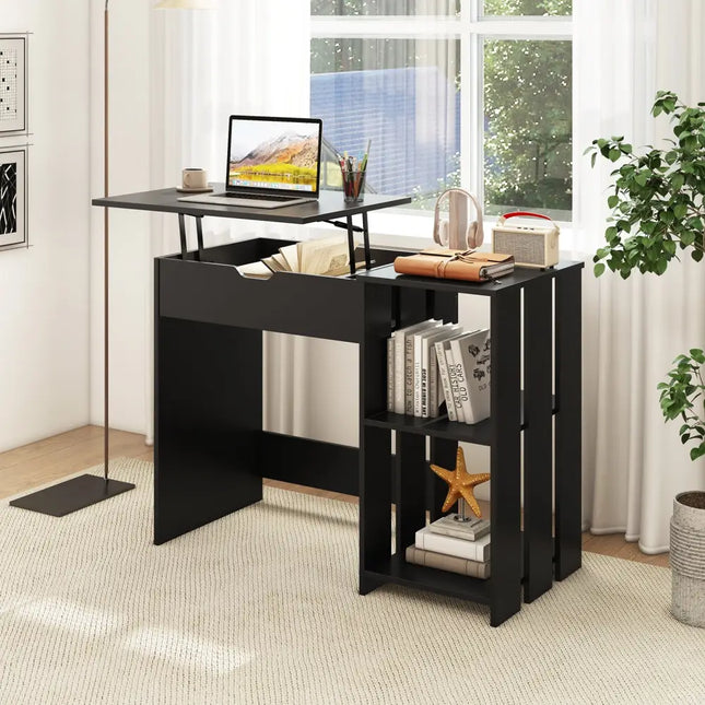 Space Saving Computer Desk with Hidden Compartment and Open Storage Shelves-Black - Black - Computer Desks