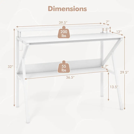 Space Saving Computer Desk with Monitor Stand and Extra Storage Shelf for Work Study-White - White - Computer Desks