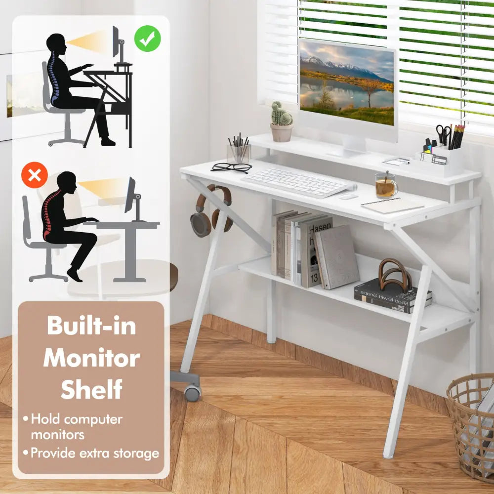 Space Saving Computer Desk with Monitor Stand and Extra Storage Shelf for Work Study-White - White - Computer Desks